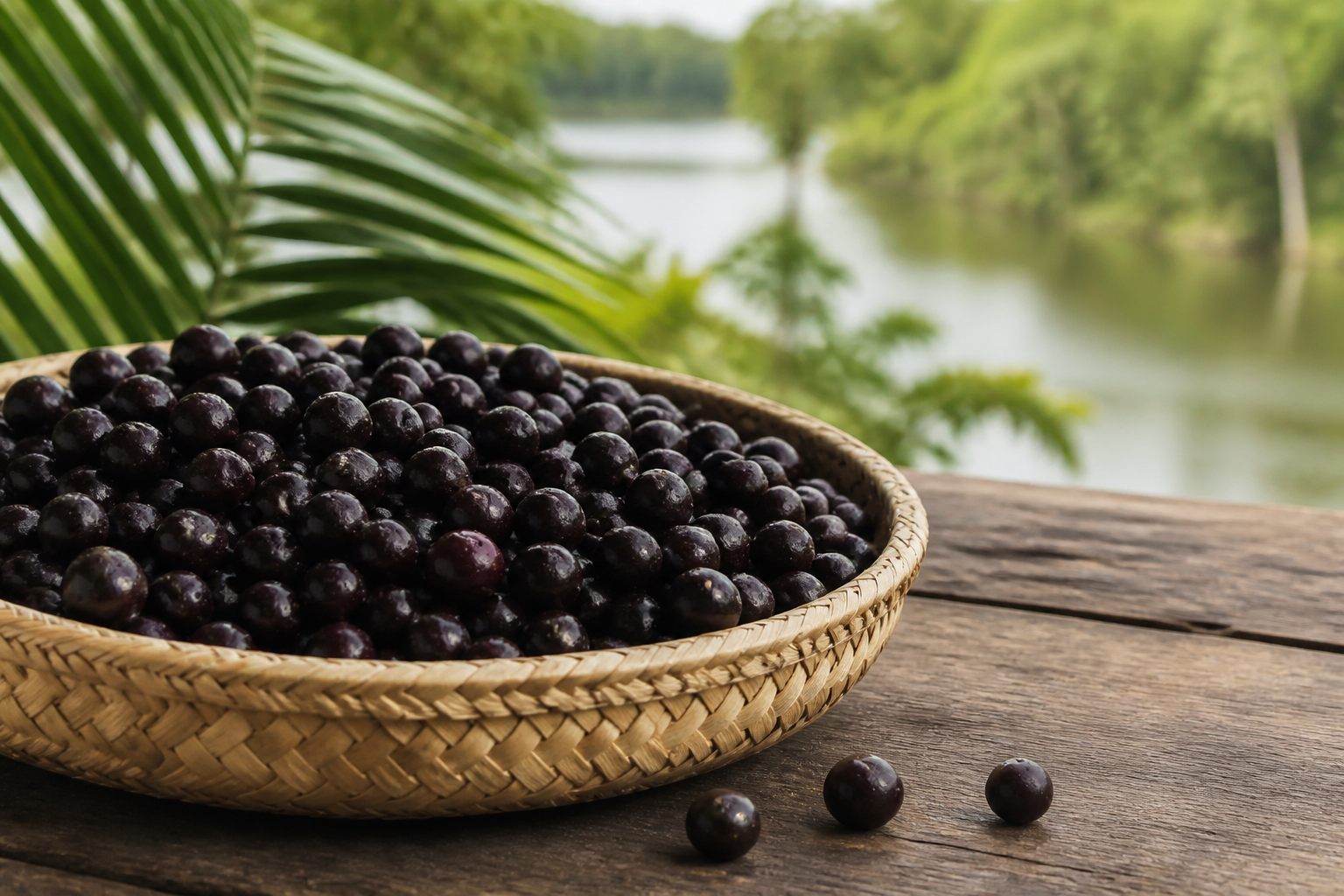 Açaí em contexto amazônico sobre uma superfície natural