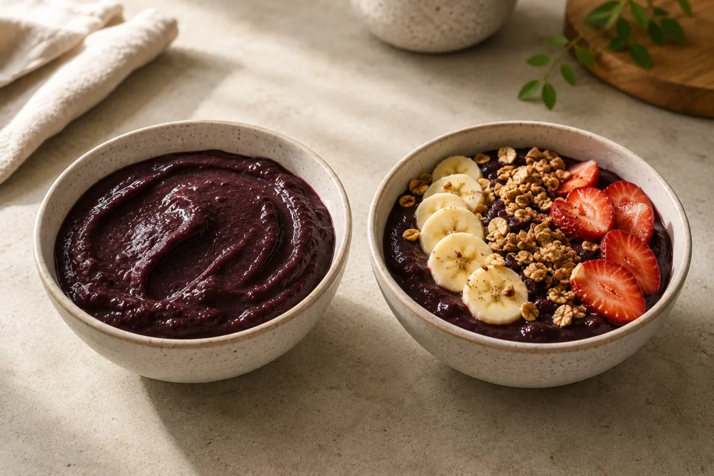 Duas preparações de açaí em tigelas lado a lado: uma simples, sem toppings, e outra com banana, granola e morango.
