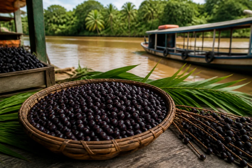 Açaí fresco em cesto de fibras naturais sobre mesa de madeira, com rio amazônico e barco ao fundo.
