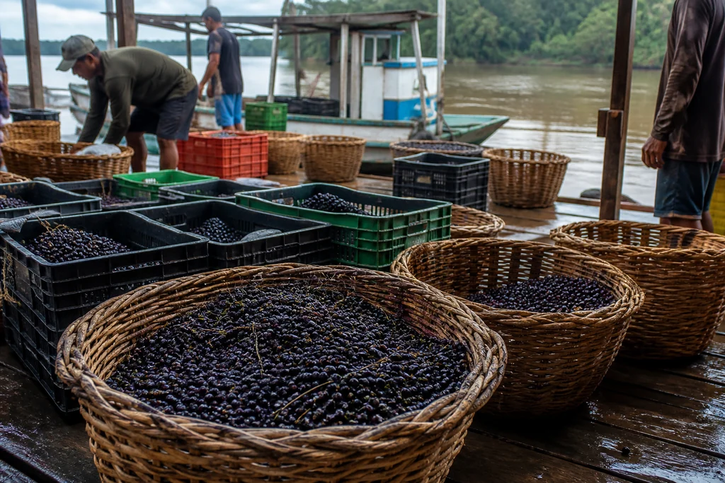Cestos e caixas com açaí fresco sobre trapiche de madeira, com barco e rio amazônico ao fundo.