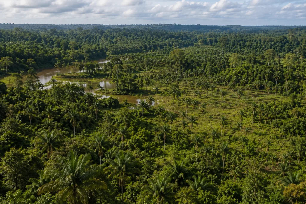 Vista aérea de uma paisagem amazônica majoritariamente florestal, com um rio de água barrenta e uma clareira de açaizais mais espaçados e organizados, cercada por mata densa.
